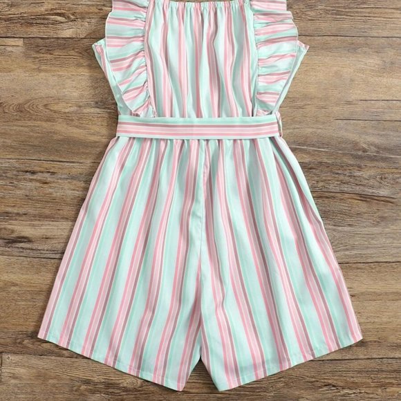 Women's Romper XL Baby Pink-Mint Green Stripes Ruffle Trim Romper w/ Belt 12-14 - Picture 6 of 7